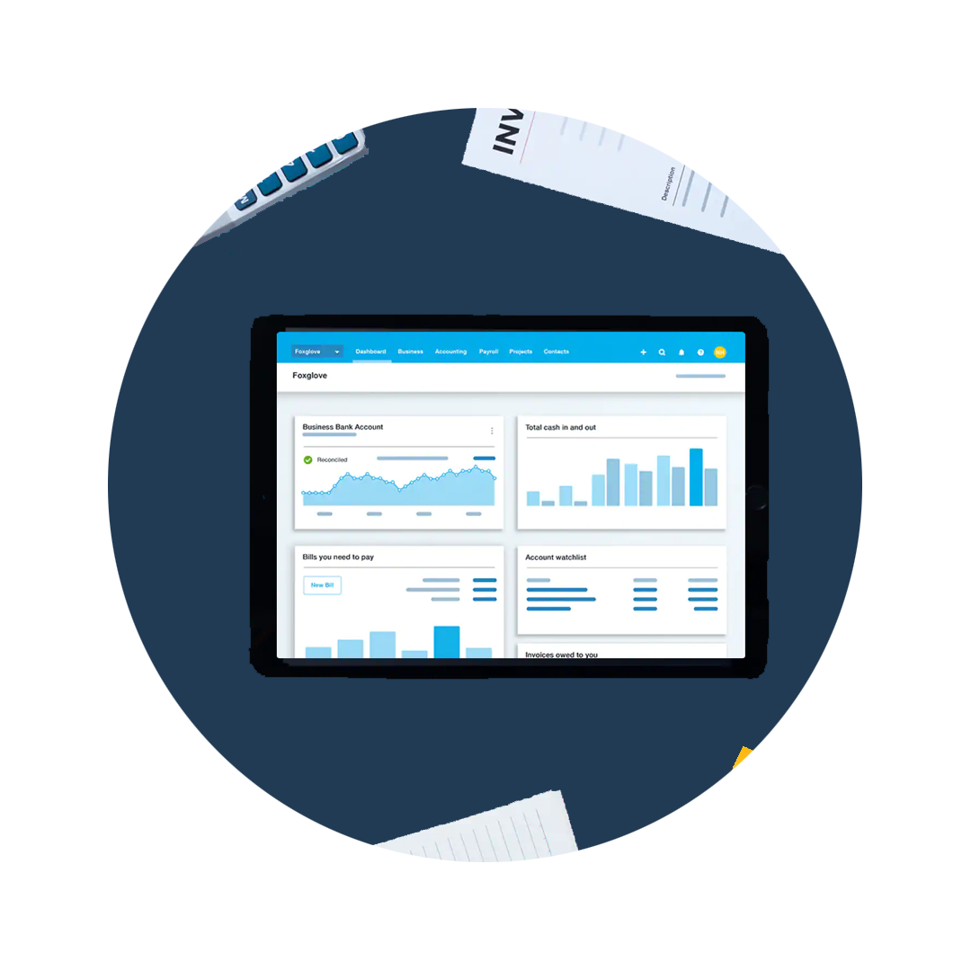 Xero dashboard with a calculator and pages pushed to the side